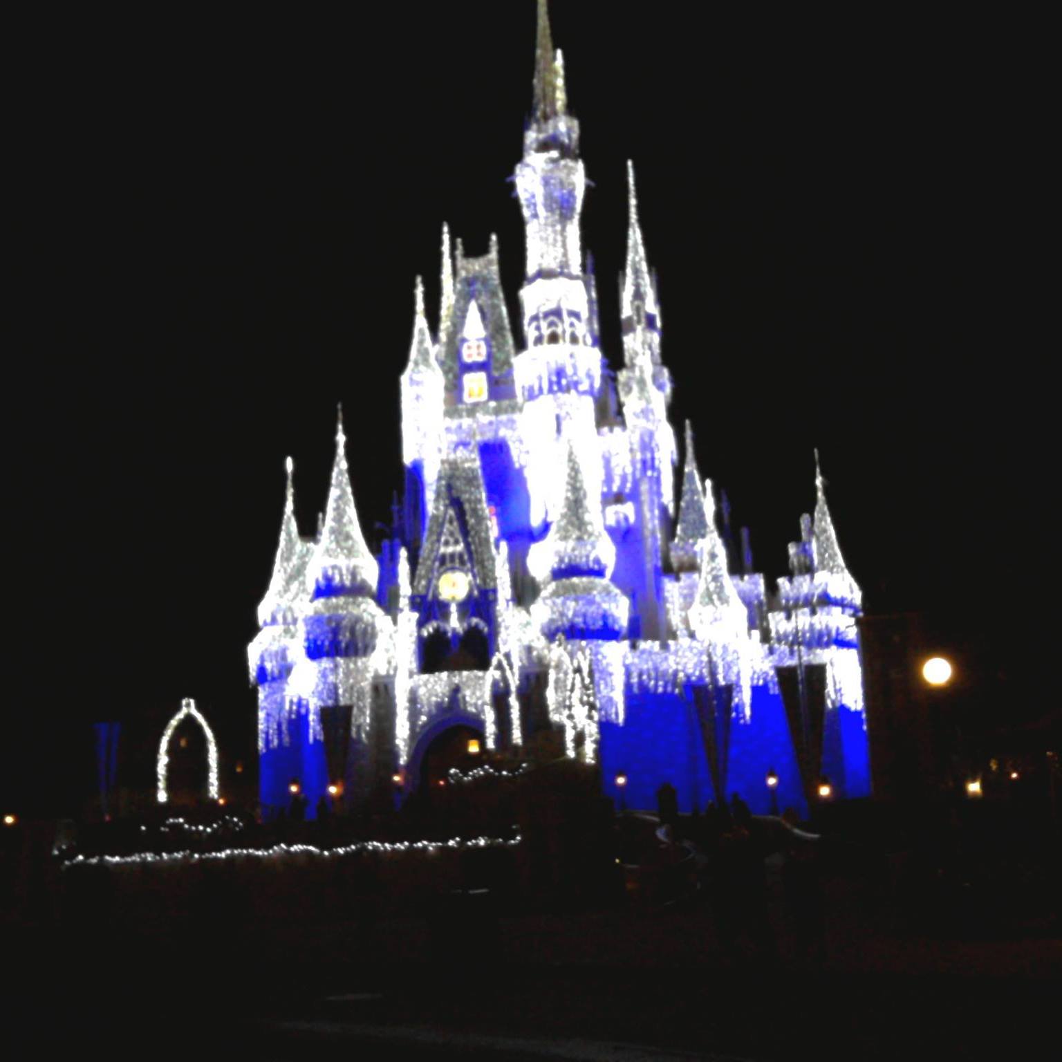 Disney castle lit up at night